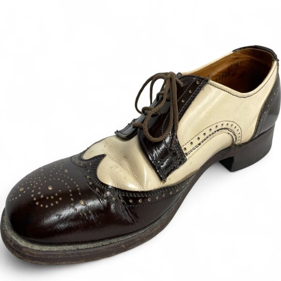 Vintage Brown Ivory Wingtip Leather Shoes Men's 8.5 Lace Up Oxfords Goodyear - Picture 6 of 14